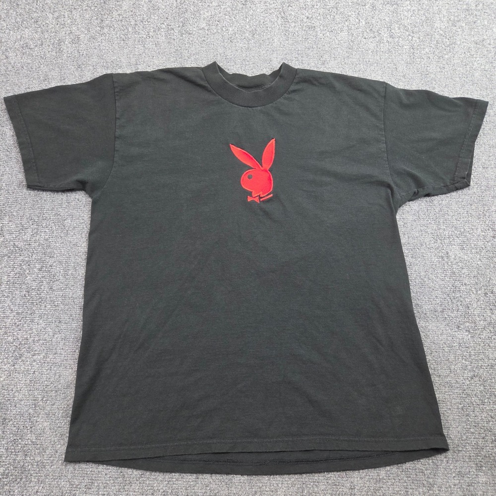 Vintage Playboy TShirt Mens L Black Red Embroidered Logo 90s Made in USA Lee